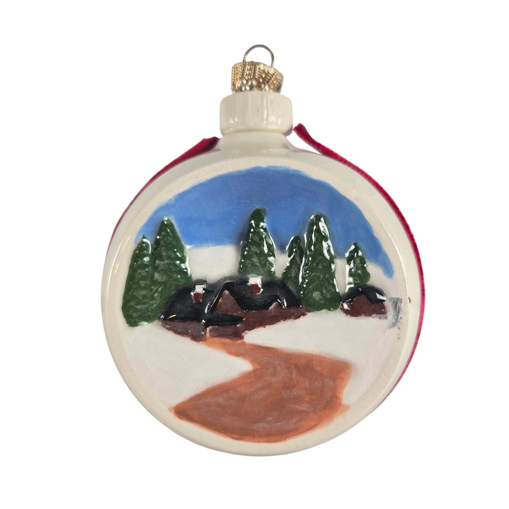Vintage Duncan Ceramics Hand Painted Christmas Ball Ornament Winter Cabin Scene